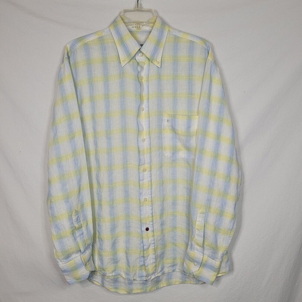 Carrel Linen Flax Shirt Blue Yellow Plaid Long Sleeve Shirt Size 16-1/2~42 Italy